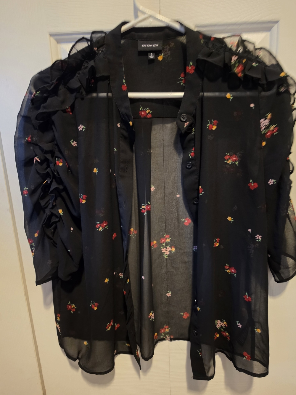 Who What Wear Black Sheer Floral Ruffle Sleeve Blouse